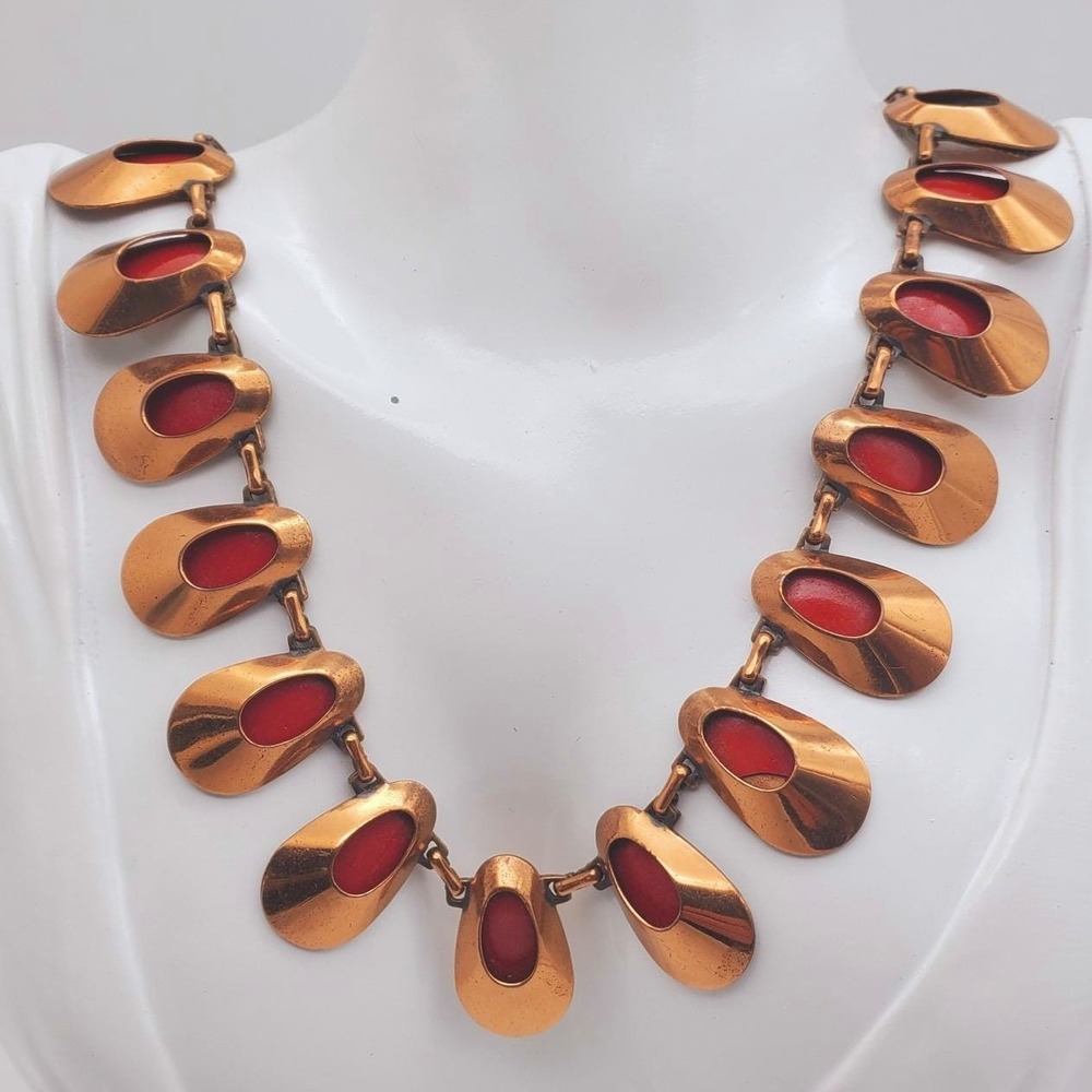Matisse Necklace Copper Red Enamel Honeybear Collar Bib Choker Modernist Vintage